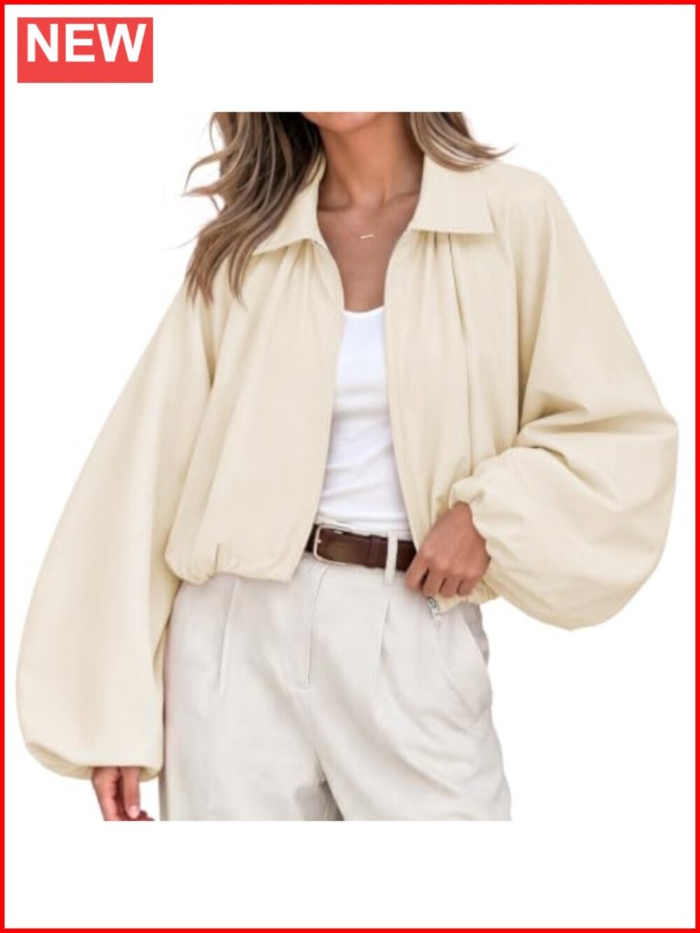 Womens Oversized Cropped Bomber Jacket Puff Sleeve Pleated Zip Up